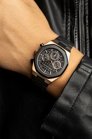 Relógio de quartzo em aço - Preto e dourado rosa - Marc Malone