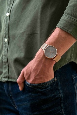 Relógio em aço inoxidável folheado íon rosa - Dourado-rosa e cinzento