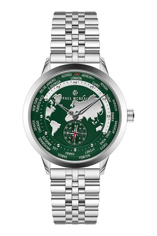 Relógio de quartzo em aço - GMT - Prateado e verde - Paul McNeal