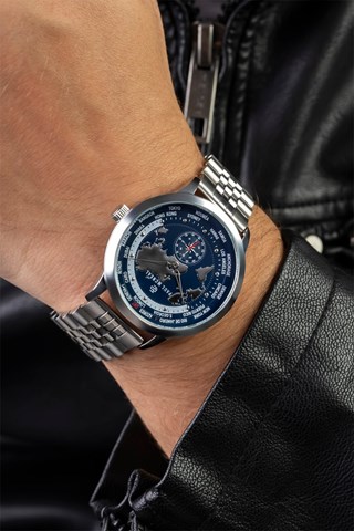Relógio de quartzo em aço - GMT - Prateado e azul-marinho - Paul McNeal