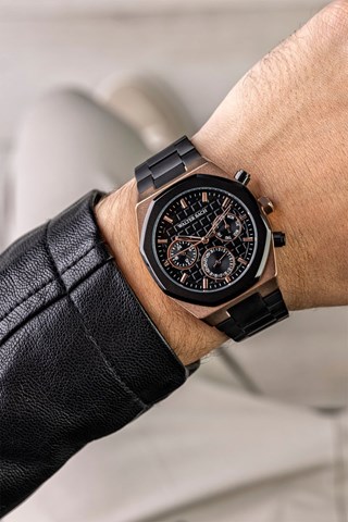 Relógio de quartzo em aço - Preto e dourado-rosa