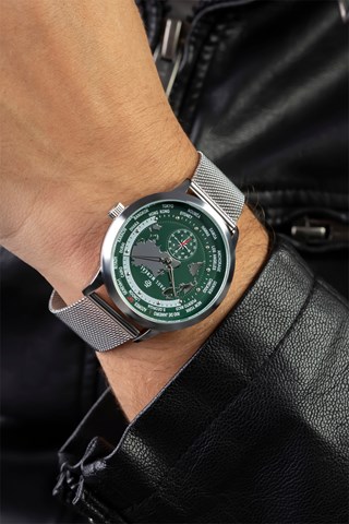 Relógio de quartzo em aço - GMT - Bússola - Prateado e verde-escuro