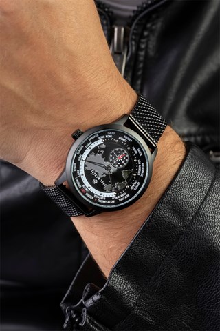 Relógio de quartzo em aço - GMT - Bússola - Preto e prateado