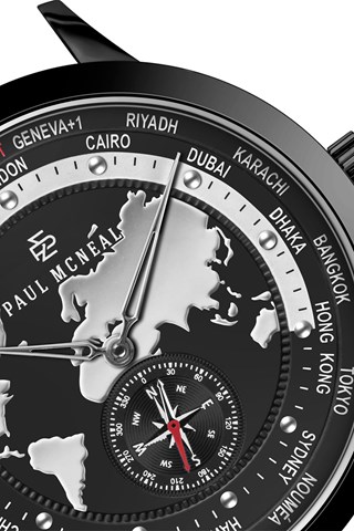 Relógio de quartzo em aço - GMT - Bússola - Preto e prateado