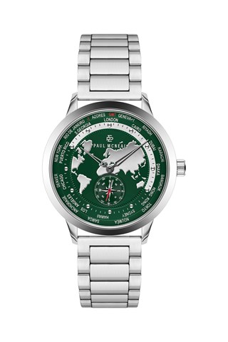 Relógio de quartzo em aço - GMT - Bússola - Prateado e verde-escuro