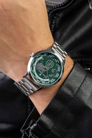 Relógio de quartzo em aço - GMT - Bússola - Prateado e verde-escuro