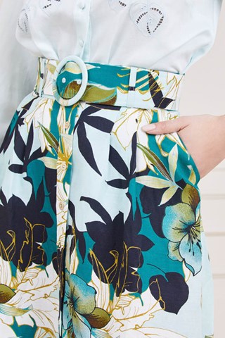 Saia midi em linho Paradiso - Turquesa