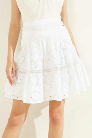 Saia estilo patinadora de cintura alta em bordado inglês Sara - Branco