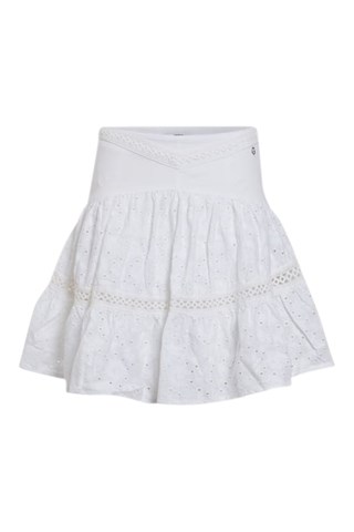 Saia estilo patinadora de cintura alta em bordado inglês Sara - Branco