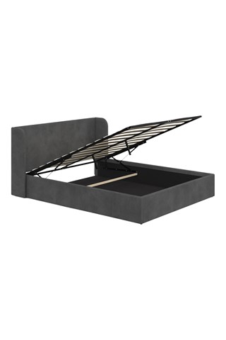 Cama com arrumação em veludo cinzento com sommier e cabeceira de cama 160x200cm