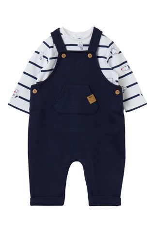 T-shirt e jardineiras em algodão biológico - Azul-marinho e branco