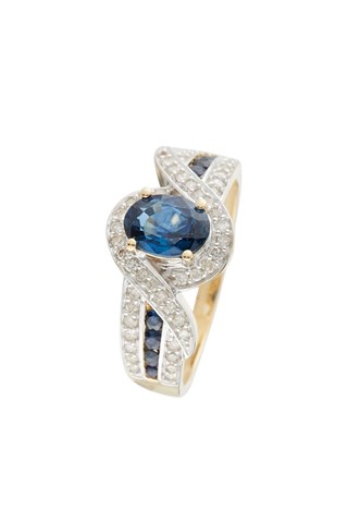 Anel Romblon Ouro amarelo, diamantes e safira