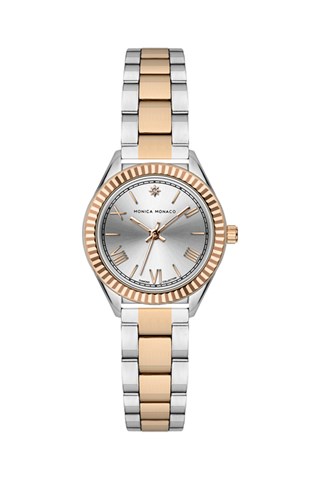 Stalen Quartz Horloge met Diamant - Zilverkleurig en Roségoudkleurig - Monica Monaco