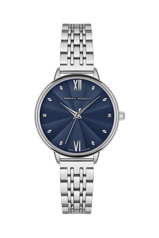 Stalen & Diamanten Quartz Horloge - Zilverkleurig en Marineblauw - Monica Monaco