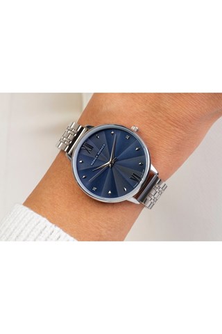 Stalen & Diamanten Quartz Horloge - Zilverkleurig en Marineblauw - Monica Monaco