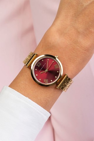 Stalen Quartz Horloge - Goudkleurig en bordeauxrood - Victoria Walls