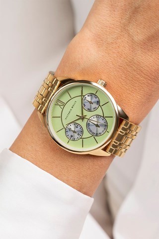 Stalen Quartz Horloge - Goudkleurig en groen - Victoria Walls