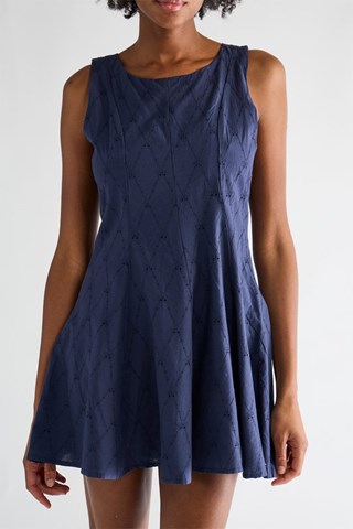 Trapezium Jurk met Engelse Borduursels - Marineblauw
