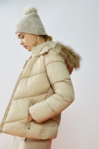 Gewatteerde jas met capuchon - Beige
