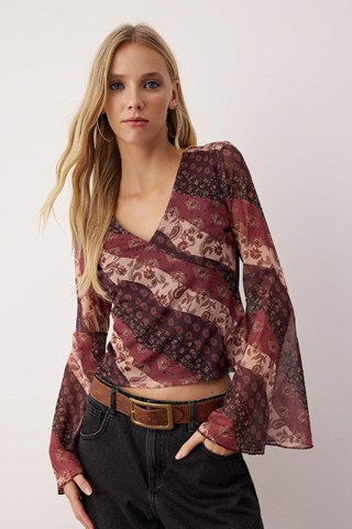 Blusa - Bordeaux - Nero, beige, rosso e rosa