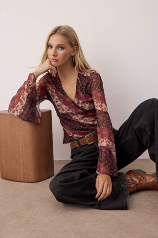 Blusa - Bordeaux - Nero, beige, rosso e rosa